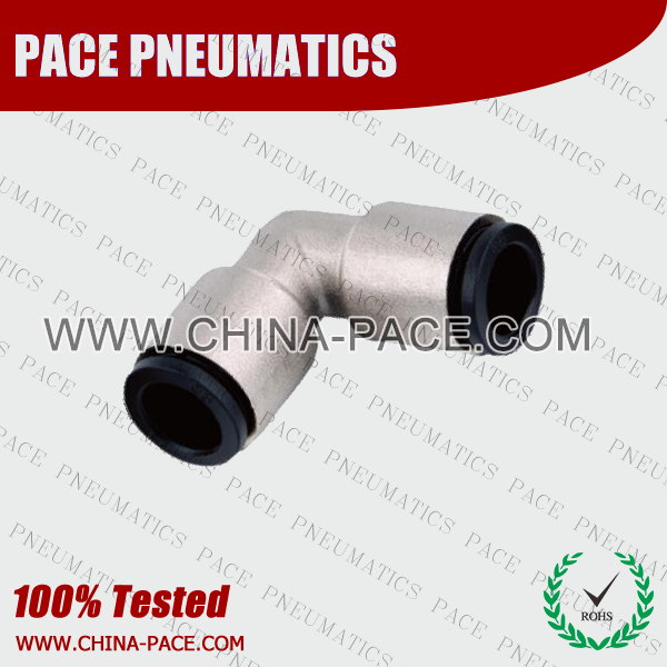 Brass Body Plastic Sleeve Union Elbow Push in Fittings, Nickel Plated Brass Push In fittings, Brass Pneumatic Fittings With Plastic Sleeve, Nickel Plated Brass Air Fittings, Nickel Plated Brass Push To Connect Fittings